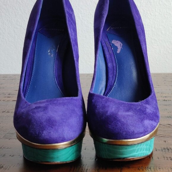 Brian Atwood Blue Suede Colorblock Fontanne Platform Pumps 7.5 Gold aqua green - Picture 9 of 11